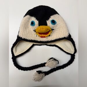 Cute Penguin Knit Earflap Hat - Black,white. Handmade wool blend